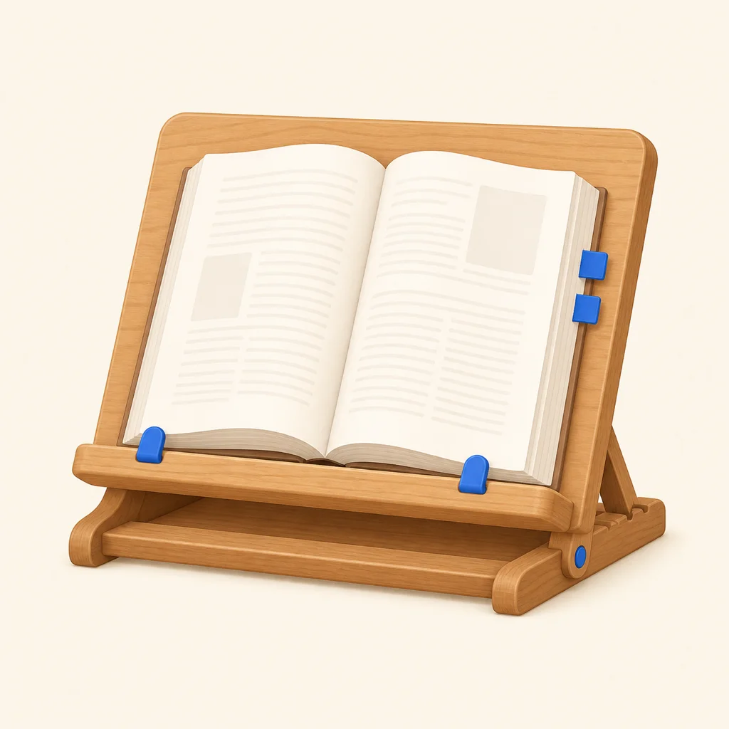ブックスタンド（書見台）のイラスト。参考書を開いて立てかけた木製の書見台をパステル調で描いたアイコン画像