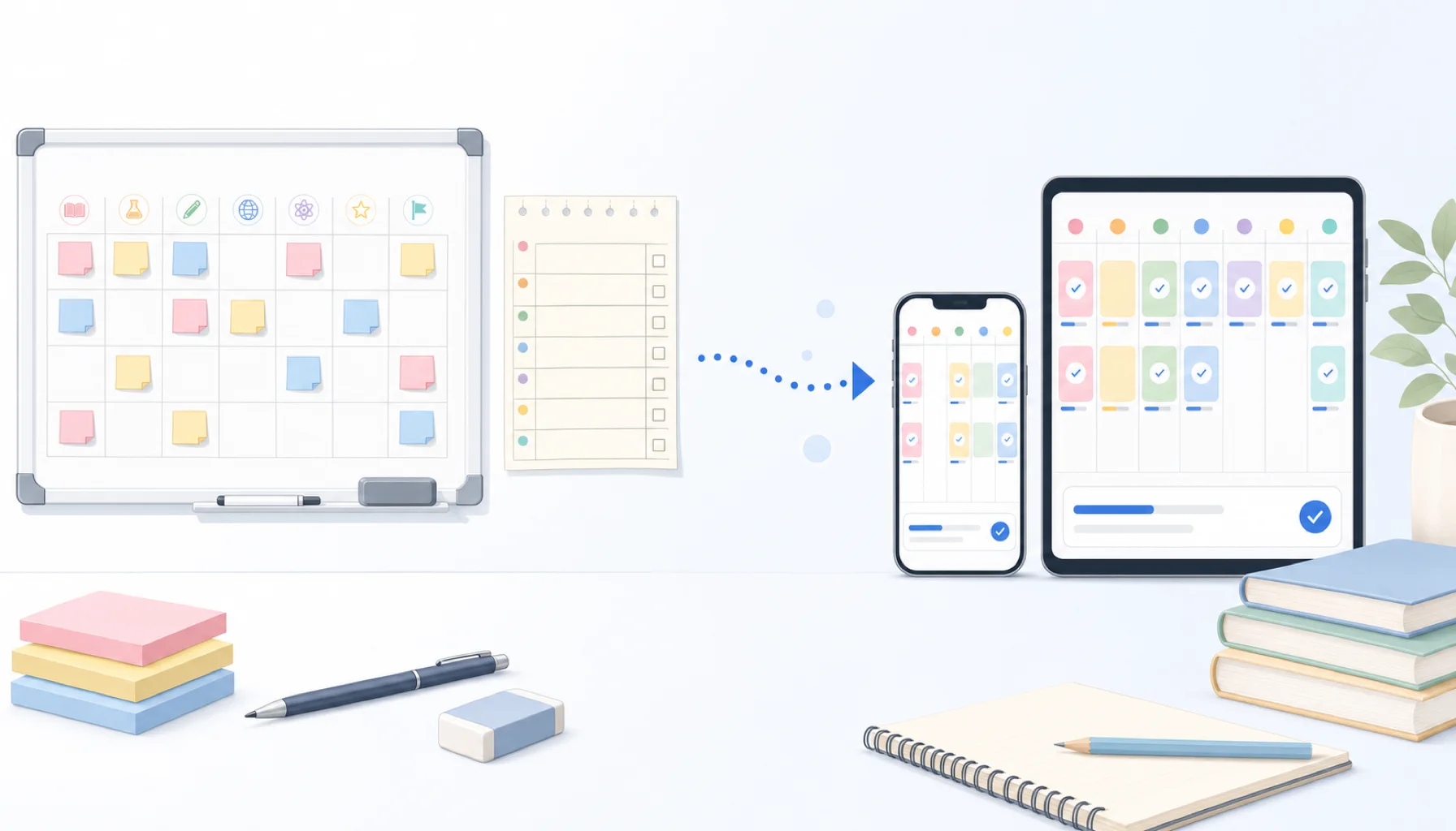 塾の宿題管理どうしてる？ 記事のサムネイル：アナログ（ホワイトボード・付箋）とデジタル（スマホ・タブレット）の比較イラスト