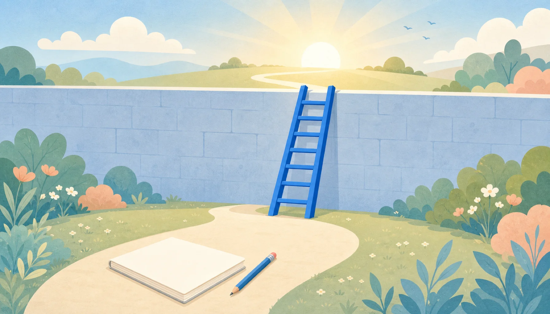 道をふさぐ大きな壁に青いはしごが掛かり、壁の向こうから朝日が差しているイラスト。小5の壁は越えられることのメタファー