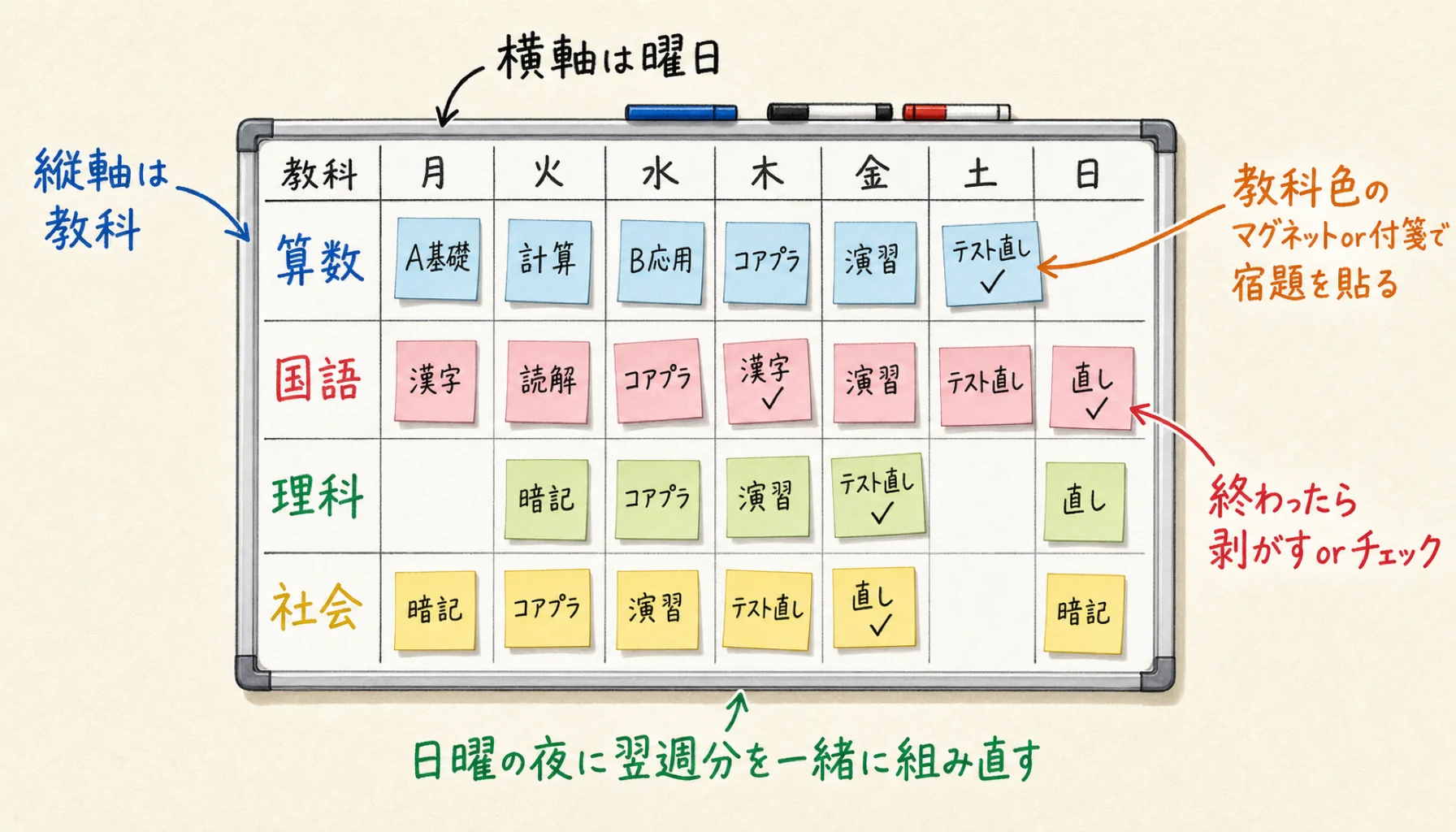 中学受験の宿題管理用ホワイトボードの使い方を示すインフォグラフィック。縦軸に算数・国語・理科・社会の教科、横軸に月〜日の曜日を配置したグリッドに、教科色のカラフルな付箋で宿題を貼り、手書き風の注釈で運用ポイントを解説